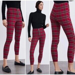 Zara Red Plaid Pants Exposed Zipper Skinny Leg XXL